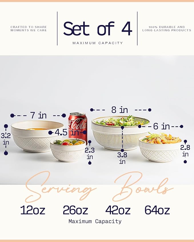 getstar Large Serving Bowls Set of 4, 12/26/42/64 oz Ceramic Stoneware Nesting Bowls Set, Microwave and Dishwasher Safe, Farmhouse Kitchen Versatile Prep Bowls for Fruit Salad Pasta Dessert Cereal