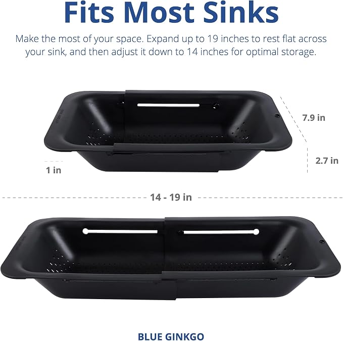 Blue Ginkgo Over Sink Colander, Extendable Kitchen Strainer, 2-Pack, Black | Fits Most Sinks. Rinse, Drain and Dry with Ease.