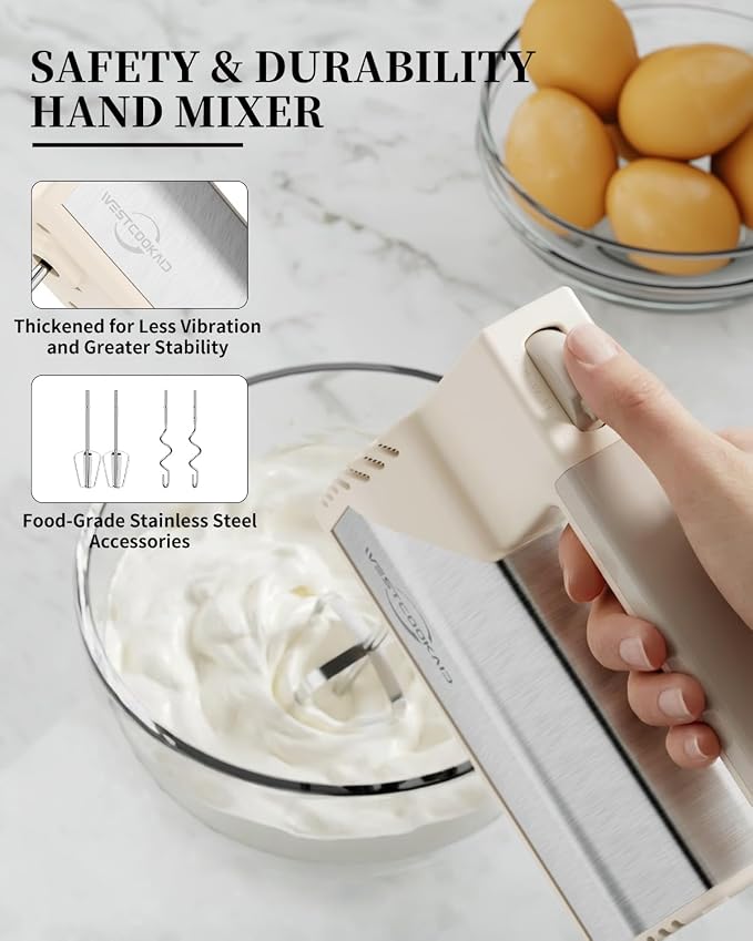 Hand Mixer 5-Speed 200W Turbo 4 Stainless Steel Accessories Classic White | Lightweight Electric Hand Mixers for Whipping Egg Cream&Baking Cakes with Turbo Ultra Power, Gift for Women and Mom