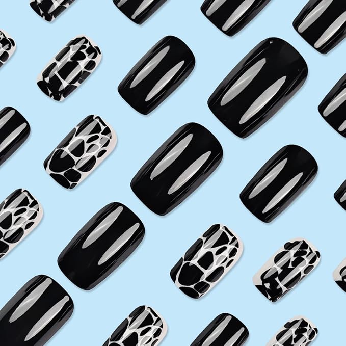24Pcs Black Press on Nails Short Square Fake Nails WLGDLH Summer False Nails Press ons Nail Kit with Leopard Print Design Glossy Glue on Nails Full Cover Stick on Nail for Women Manicure