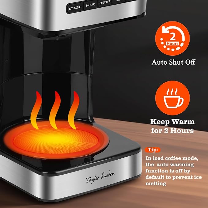 Taylor Swoden Programmable Coffee Makers 12 Cup, Black &Stainless Steel | Hot and Iced Coffee Maker, 4 Brew Strength, LED Display, 24H Timer, Keep Warm&Auto Shutoff- Drip Coffee Machine for Home