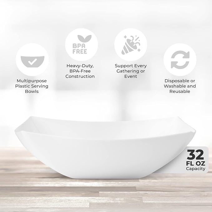 34 Pack Disposable White Plastic Party Bowls, Glitter Gold Serving Bowls | Square Design. Disposable Party Tableware. Salad, Fruit & Candy Use. Candy Buffet Containers. Clear Plastic.