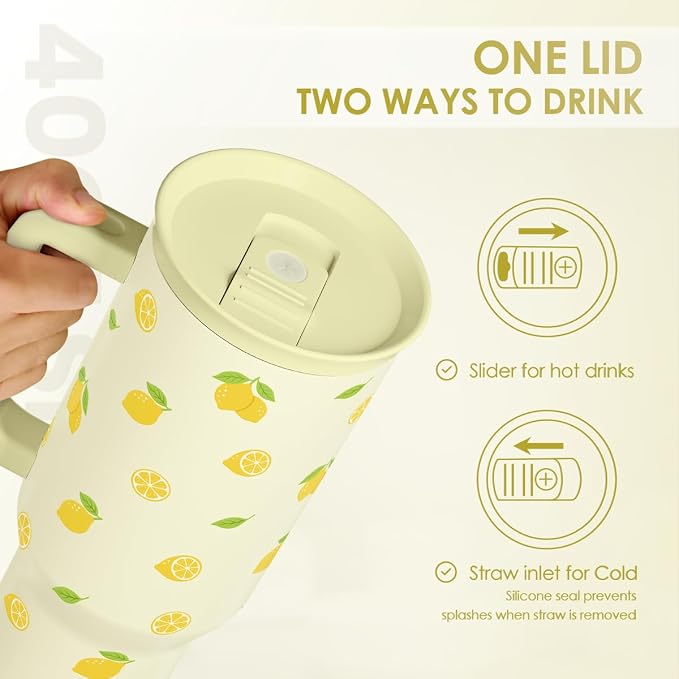 SANDJEST Lemon 40oz Tumbler with Handle and Straw, Insulated Stainless Steel Travel Coffee Mug for Women Girls, Gift Idea for Birthday Christmas Mothers Day Summer Vacation