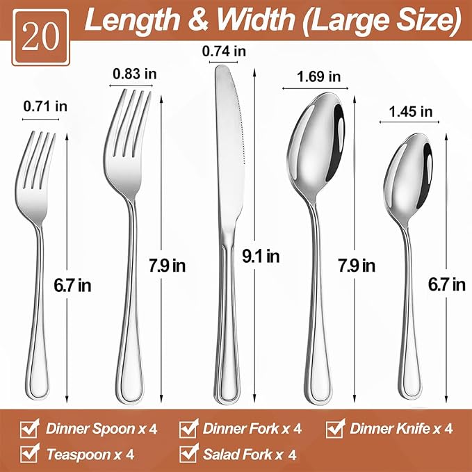 20 Pcs Silverware Set for 4, Food Grade Stainless Steel Flatware Set, Eating Utensils Sets Include Fork/Knife/Spoon, Reusable Cutlery Set for Home Kitchen, Dishwasher Safe, Double-stripe