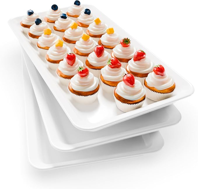 Bumusty 3-Pack Large Melamine Serving Trays Set, 17 x 8.6 in, White | Reusable Platters for Veggies, Snacks, Fruit, Cookies and Desserts, Ideal for Parties, Kitchens and Pantry Organization