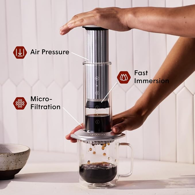 AeroPress Premium Coffee Press, Glass, Stainless Steel & Aluminum, Silver | Glass, Stainless Steel & Aluminum, All-in-One French Press, Pour-Over & Espresso Style, Manual Brewer
