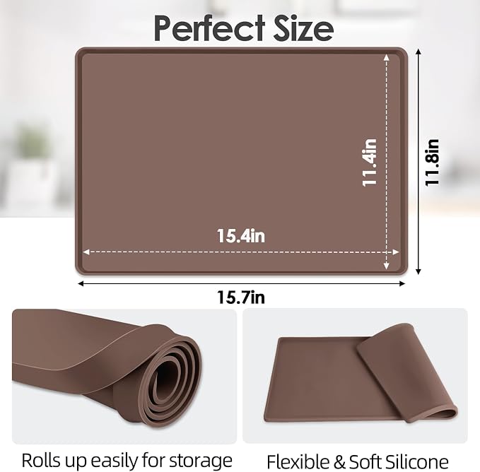 Silicone Coffee Maker Mat with Lip for Countertops, 15.7'' x 11.8'', Brown | Multi leak-proof coffee tray for countertop, non-slip silicone mat fits most coffee makers & espresso machines, wipe-clean