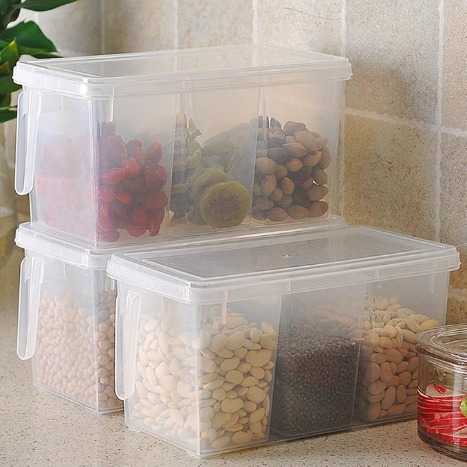 2 Pack Plastic Divided Veggie Storage Containers with Lids and Handles for Fridge Storage Organizer Boxes for Refrigerator Produce Beans Fruits Organzation