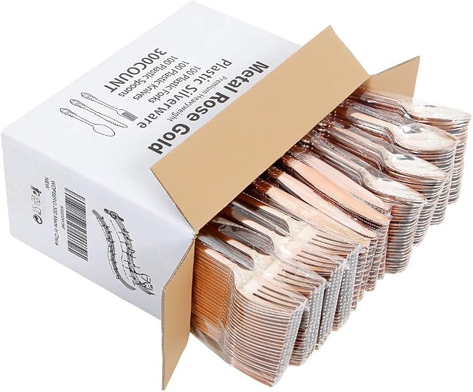 WDF-300 Pieces Rose Gold Plastic Silverware- Disposable Flatware -Heavyweight Plastic Cutlery- Includes 100 Forks, 100 Spoons, 100 Knives for Wedding/Parties/Birthday