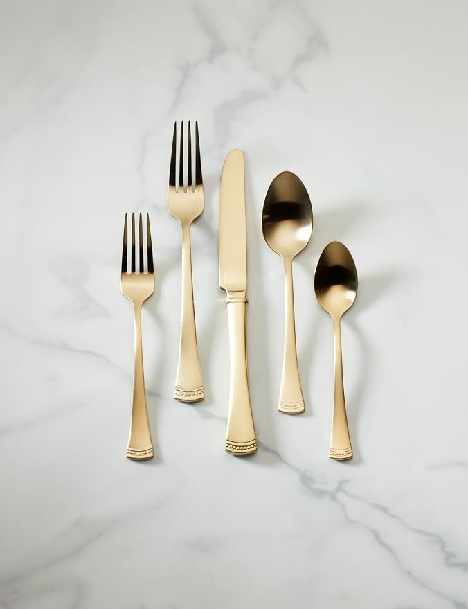 Lenox Portola Gold Satin 20-Piece Silverware Set for 4, Flatware | gold, dishwasher safe | includes knives, forks, and spoons | heavy duty, cutlery set for kitchen and dining, utensil set