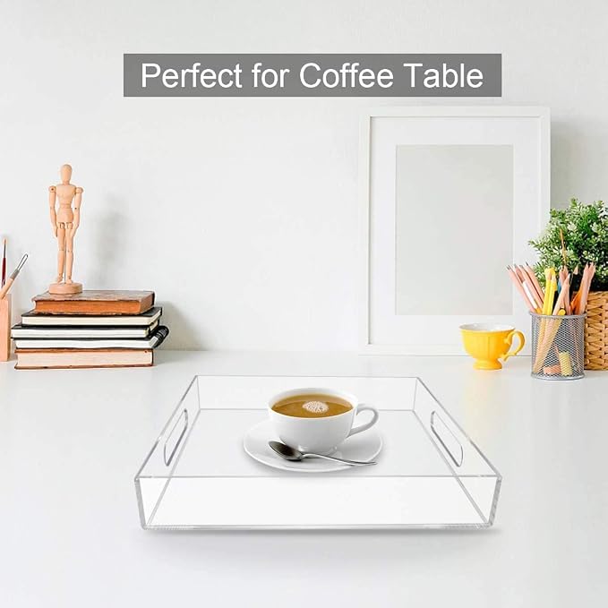 NIUBEE Acrylic Serving Tray 14x18 Inches -Spill Proof- Clear Decorative Tray Organiser for Ottoman Coffee Table Countertop with Handles | Spill-Proof tray for Coffee Table, Ottoman | Decorative Tray for Breakfast in Bed, Drink Serving & Home Organization