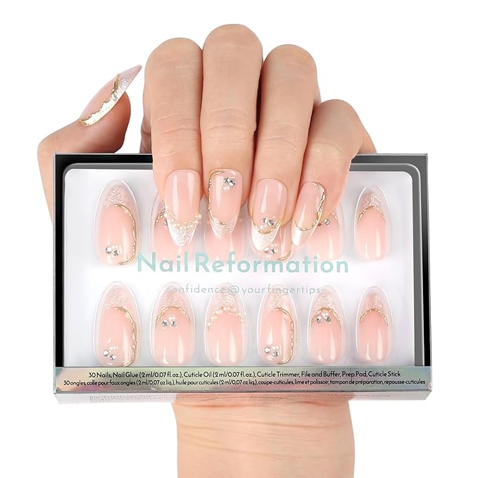 Nail Reformation Press On Nails, French Tip Nude Medium Almond Fake Nails | with Pearl & Sparkling Gems in Glossy Finish, Salon Quality, Reusable Stick On Nails in 15 Sizes 30 Nail Kit for Women Gifts