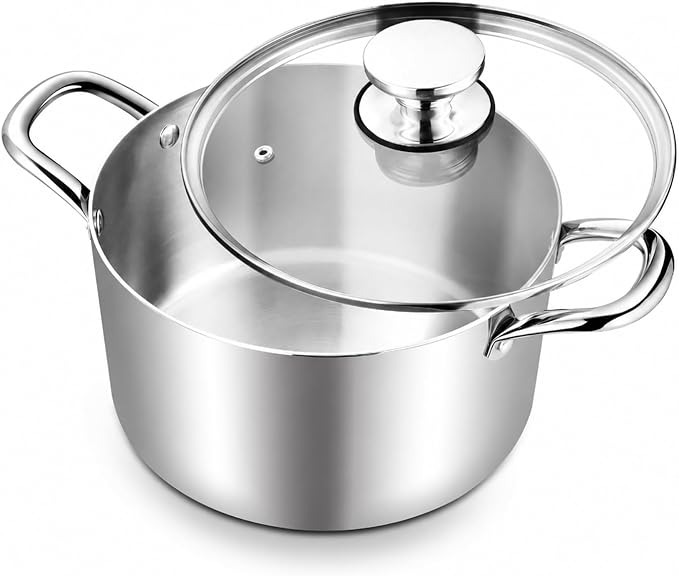 TeamFar 6 Quart Stock Pot, Tri-Ply Stainless Steel Pasta Pot with Lid | Cooking Broiling Eggs Veggies Soup, Tempered Glass Lid & Double Side Riveted Handles, Healthy & Heavy Duty, Dishwasher Safe