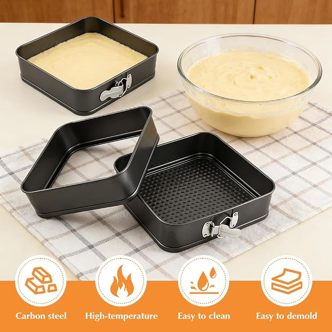 Springform Pan Set of 3 (9,10,11 Inch) - Square Shaped Leakproof Cheesecake Pans with Removable Bottom, Nonstick Carbon Steel Cake Tin for Valentine‘s Day, Anniversary Baking (Square)