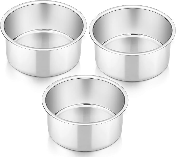P&P CHEF 4 Inch Round Cake Pan Set of 3, Stainless Steel Baking Cake Pans | Round Baking Cake Pan Bakeware for Layer Birthday Cake, Fit Oven/Pots/Pressure Cooker, Leakproof & Dishwasher Safe, Silver