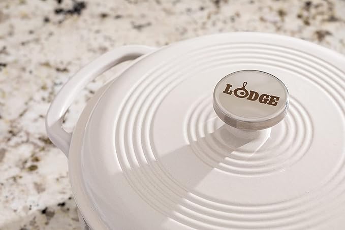 Lodge 3 Quart Enameled Cast Iron Dutch Oven with Lid – Dual Handles – Oven Safe up to 500° F or on Stovetop - Use to Marinate, Cook, Bake, Refrigerate and Serve – Oyster White