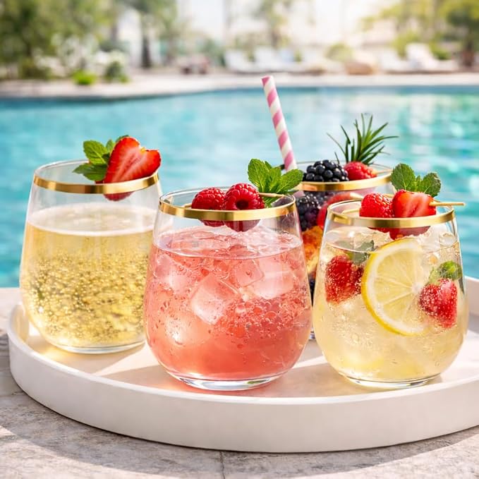 Oojami 48 Pack Disposable Plastic Wine Glasses Stemless 10 oz Gold Rim | Shatterproof BPA-Free Reusable Cocktail Cups, Recyclable Unbreakable Wine Cups for Wedding Party Birthday, Clear