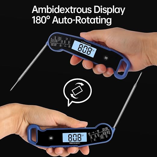 Lonicera Instant-Read Meat Thermometer, 1-Second, IP67 Waterproof, Blue | Thermocouple sensor delivers readings in 1 second with ±0.9°F accuracy, plus IP67 waterproofing, auto-rotate and wake