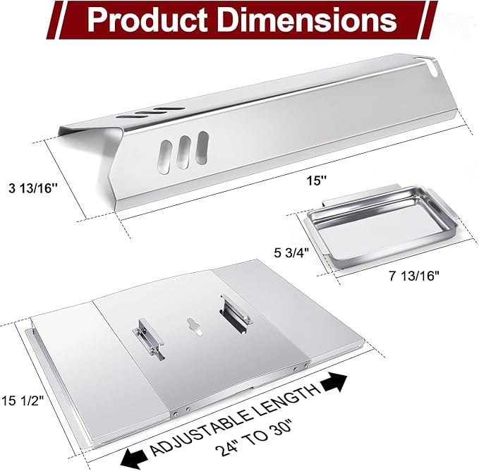 Hiorucet Adjustable 24''-30'' Grill Drip Pan Kits for Dyna Glo DGF493BNP, DGF510SBP, Backyard Grill BY13-101-001-12, Grease Tray and Heat Plate Shields for Dyna Glo Grill Replacement Parts 5 Burner.