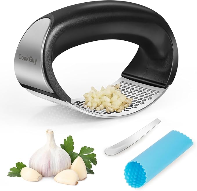 Cook Guy 304 Stainless Steel Garlic Press Rocker Set | Premium Garlic Mincer, Crusher, Peeler and Scraper Tool for Effortless Mincing - Comfortable Grip Garlic Grinder (Silver)