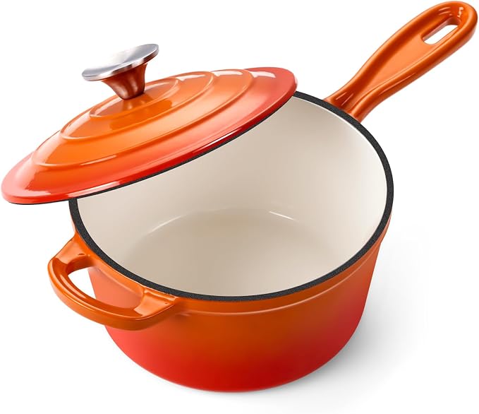 Onader 2 Quart Saucepan with Lid, Enameled Cast Iron Sauce Pan, Small Cooking Sauce Pot, Enamel Dutch Oven Pot Nonstick – Sunset Orange