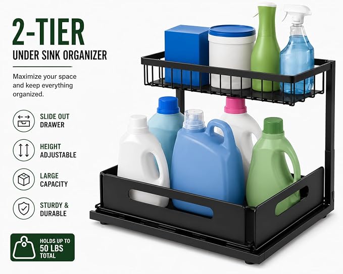 Under Sink Organizer, 2 Tier Adjustable Cabinet Organizer with Slide-Out Drawer, Heavy Duty Metal Storage Rack for Kitchen, Bathroom & Laudry room.