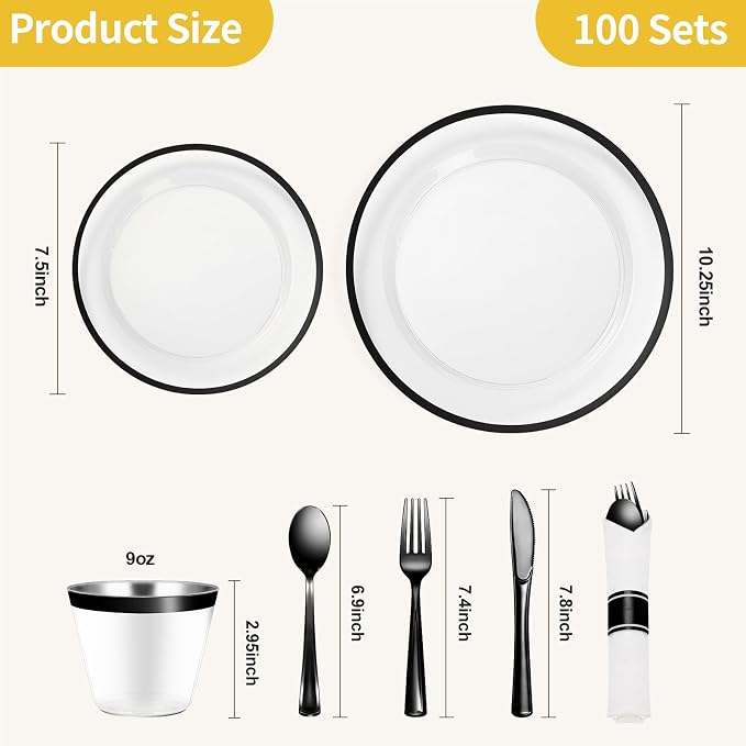 700 Pcs Clear Plastic Plates with Black Rim, Plastic Dinnerware | Disposable Plates for 100, Includes 200 Plates, 100 Pre Rolled Napkins with Cutlery Sets, 100 Cups, for Graduation Party