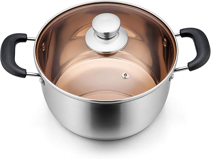 P&P CHEF 6 Qt Stockpot with Lid, Stainless Steel Stock Pot, 1-Ply Metal | Cooking Pot for Soup Pasta, Heat-Proof Double Handles with Visible Lid, Dishwasher Safe & Healthy Use