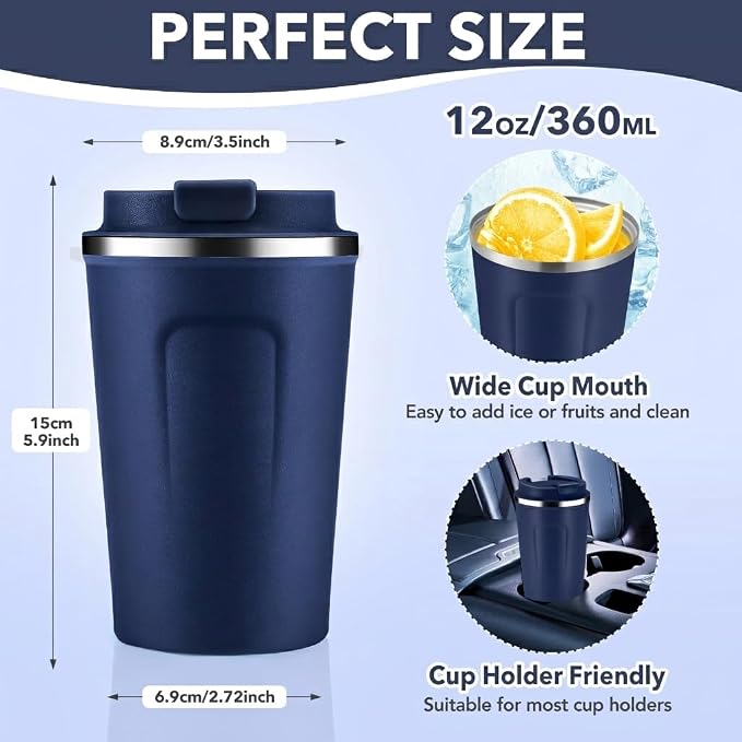 Volhoply 12 oz Double Wall Insulated Vacuum Travel Coffee Mug with Flip Lid Bulk 4 Pack,Reusable Stainless Steel Leak Proof Coffee Cups,Portable Cafe Thermal Tumbler for Hot & Cold Drinks(Navy,4 Set)