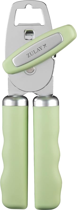 Zulay Kitchen Heavy Duty Stainless Steel Can Opener Manual with Bottle Opener - Rust Proof Manual Can Opener With Turn Knob & Comfy Soft Grip Handles - Pistachio