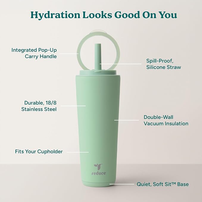 REDUCE Halo 24 oz Stainless Steel Vacuum Insulated Tumbler - Spill Proof Travel Mug with Flip Handle Lid - Keeps Drinks Cold for 32 Hrs - Dishwasher Safe - Cupholder Friendly - Matcha