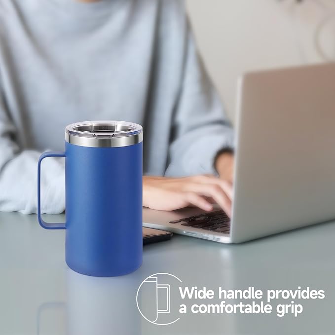 Volhoply 22oz Insulated Stainless Steel Coffee Mug with Leakproof Lid,Double Wall Vacuum Travel Coffee Cup with Handle,Reusable Metal Tumbler,Camping Mugs Keep Hot&Cold(Blue,1)