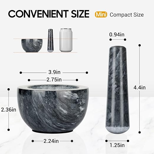 Tera Mortar and Pestle Set Natural Marble Grinder Spice Herb Grinder Pill Crusher Black 3.9in