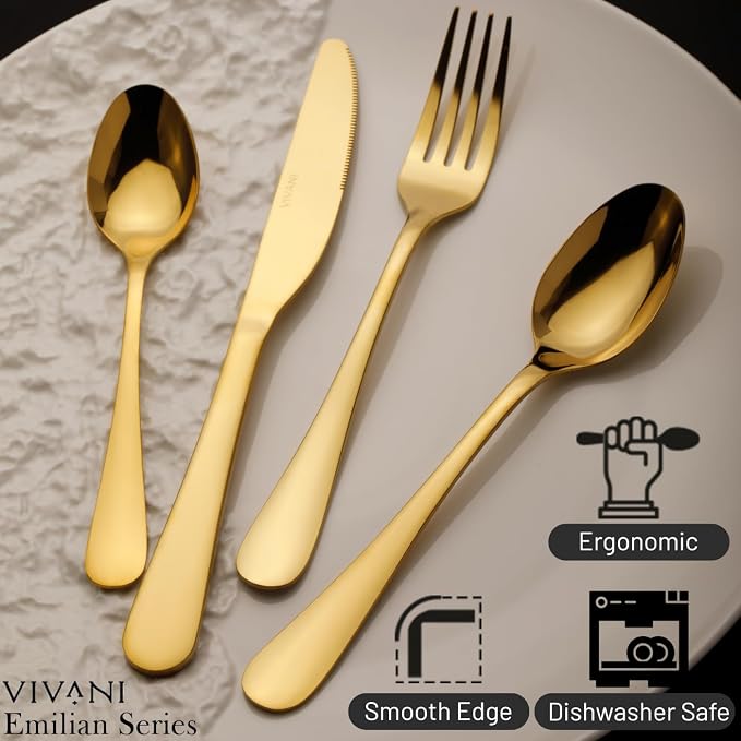 VIVANI 16-Piece Gold Silverware Set for 4, Stainless Steel Flatware Set | Dishwasher Safe Cutlery Set with Titanium Coating for Home, Kitchen, Apartment, Dinner Party, Housewarming, Rust Resistant