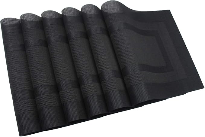 PIGCHCY Placemats with Matching Table Runner,Heat Resistant Vinyl Woven Washable Table mats Sets (6 Placemats+1 Table Runner, Pure Black)