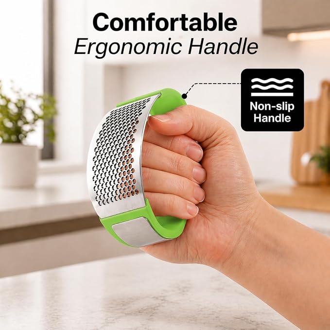 Zulay Kitchen Stainless Steel Garlic Press Rocker Set - Premium Garlic Mincer Garlic Crusher - New Innovative Garlic Crusher with Peeler and Scraper - Comfortable Grip (Green)