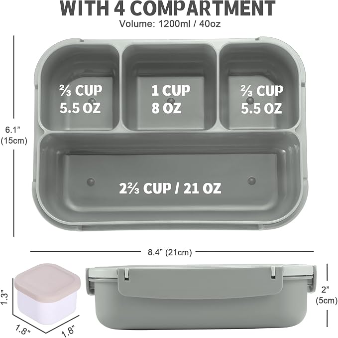 Bento Box Adult Lunch Box, Lunch Containers for Kids Girls Boys with 4 Compartments, Lunchable Food Container with Utensils, Sauce Jar, Muffin Liners, 40 Oz/5 Cup, Microwave & Dishwasher Safe, Gray