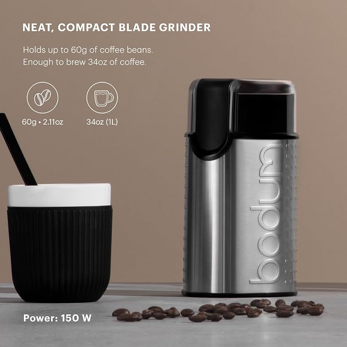 Bodum Bistro Electric Blade Coffee Grinder, Brushed Stainless Steel, 2.1 oz (Pack of 2)