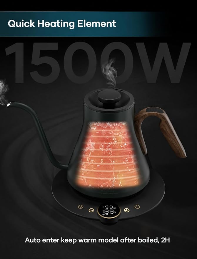 INTASTING Gooseneck Electric Kettle with ±1℉ Temperature Control 0.9 Liter | 1500W Quick Heating, Stainless Steel Inner, Pour Over Coffee & Tea, Keep Warm, Auto Shut-Off, Built-in Brew Timer, Green