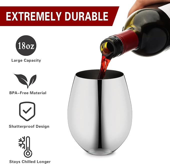 WOTOR Stemless Stainless Steel Wine Glasses, 18oz, Silver, Set of 4 | Unbreakable, Metal, Ideal Gift for Wine Lovers
