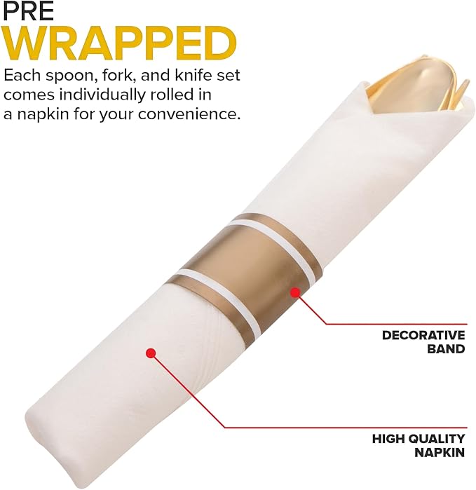 400PCS Gold Wrapped Silverware Disposable Fancy for Parties Weddings | Pre-Rolled and Individually Wrapped, 100 Guests, Durable and Sturdy, BPA free, Includes Matching Napkins, for Elegant Dinners
