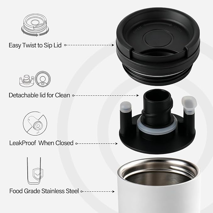 16 oz Travel Coffee Mug with Twist-Open Lid, Leak Proof Coffee Travel Mug, Insulated Tumbler Stainless Steel Coffee Cup For Hot And Iced Cold, Spill Proof Fits Cup Holder (White)
