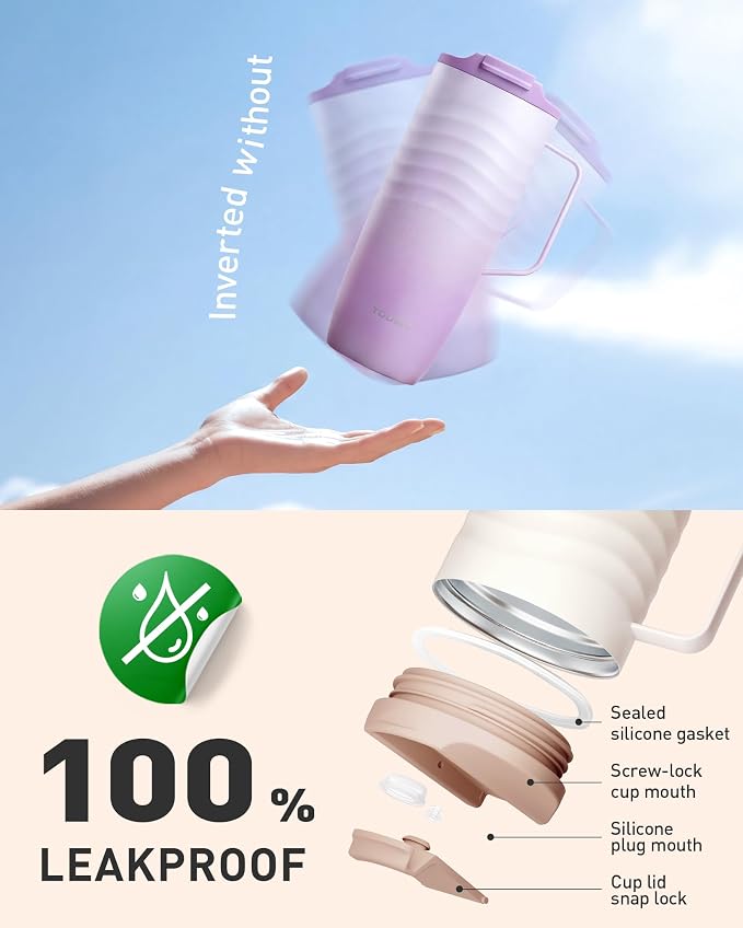 TOURIT 20oz Insulated Coffee Mug with Handle, Leak-Proof Travel Tumbler | 20oz · Side Handle · Ripple Grip · 6h Hot/12h Cold · Leak-Proof · Silicone Base · 304 Steel