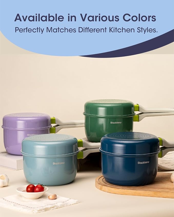 Ceramic Non Stick Sauce Pan, 2.5QT Saucepan with Frying Pan as Lid, Steamer Pot for Cooking, Induction Cookware Set, PTFE, PFOA & PFAS Free, Light Blue