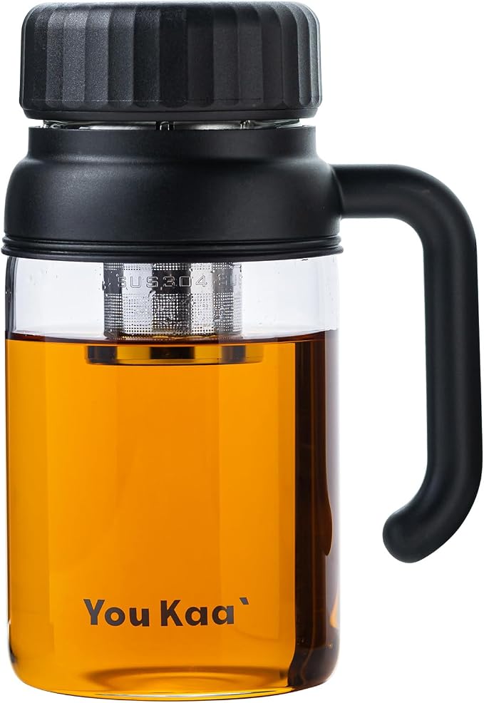 32oz Tea Infuser Bottle - Large Glass Water Bottle with Removable Infuser for Loose Leaf Tea & Fruit, Leakproof, Lead-free, Wide Mouth for Easy Cleaning - Handle for Hot & Cold Beverages (Black)