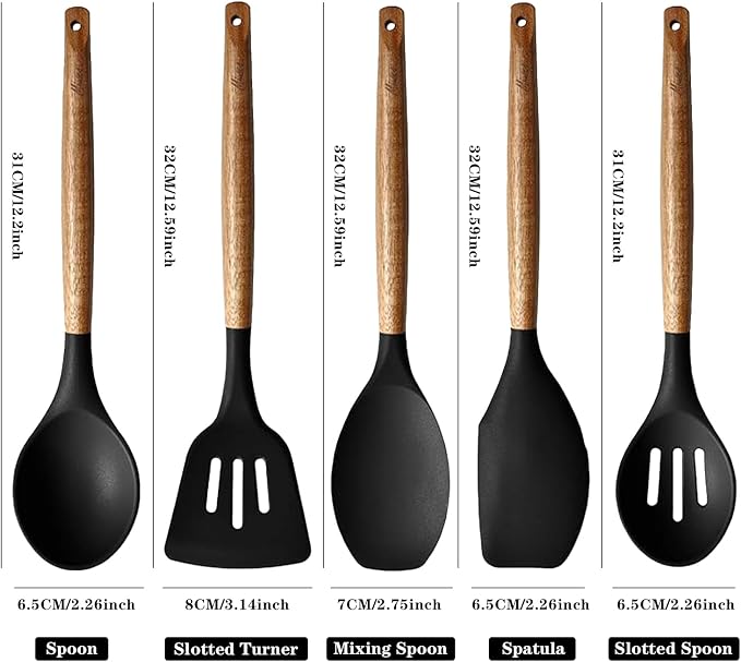 Kitchen Utensils Set, Silicone Cooking Utensils Set,Non-Stick Silicone Spatula Set with Natural Acacia Hard Wood Handle, 5 Piece, Upgraded Thickened Cookware