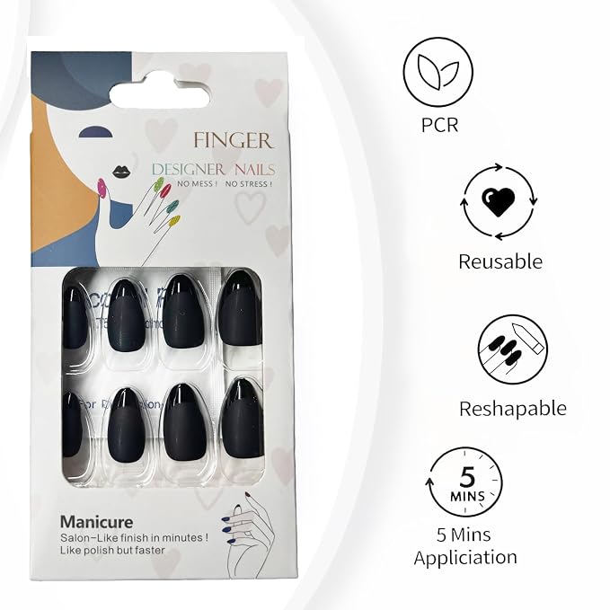 Press On Nails,Black,Short Almond,Glossy French Tips With Matte | Salon-Quality Natural Nails, 10-Minute Easy Daily Application,2+ Weeks Wear, Fast Removal, 16 Sizes, All-in-One Complete Kit