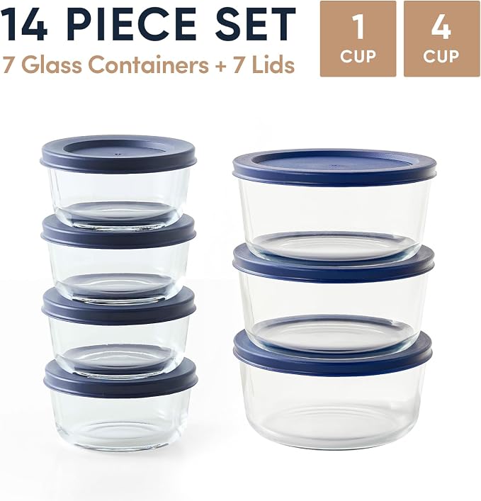 14-Piece Glass Food Storage Containers Set (7 Containers + 7 BPA-Free Lids) | 1-Cup & 4-Cup, Leakproof | Microwave, Freezer, Oven & Dishwasher Safe | Ideal for Meal Prep & Pantry Organization, Blue