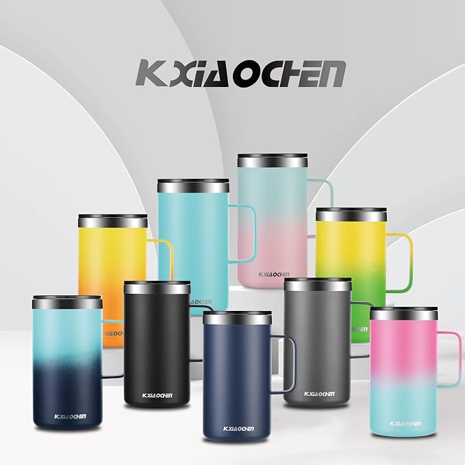 KXIAOCHEN 2-Pack 20 oz Insulated Coffee Mugs, Coffee Cups with Wide Handles | 18/8 stainless steel, sliding lids, 6+ hours hot or 12+ hours cold, wide mouth, no-sweat, for office, home, camping and gifts