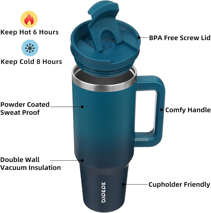 BJPKPK 40 oz Insulated Tumbler with Handle & Straw, Stainless Steel | Double Wall Vacuum Insulation, Leak Proof, BPA Free, Dishwasher Safe, Cupholder Friendly, Travel & Outdoor, Indigo Black